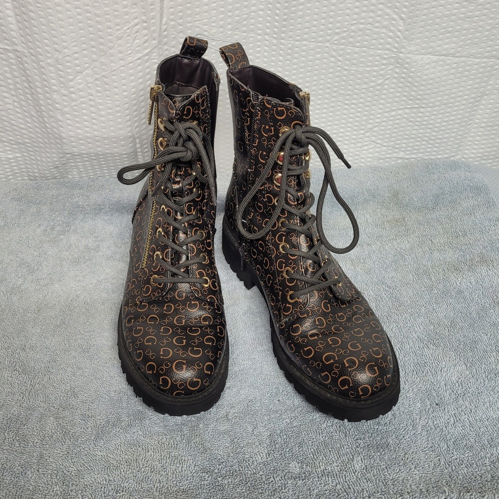 Guess Locate Brown Monogram Logo Combat Boots Lace Up Side Zip WGLOCATE-T 9.5M